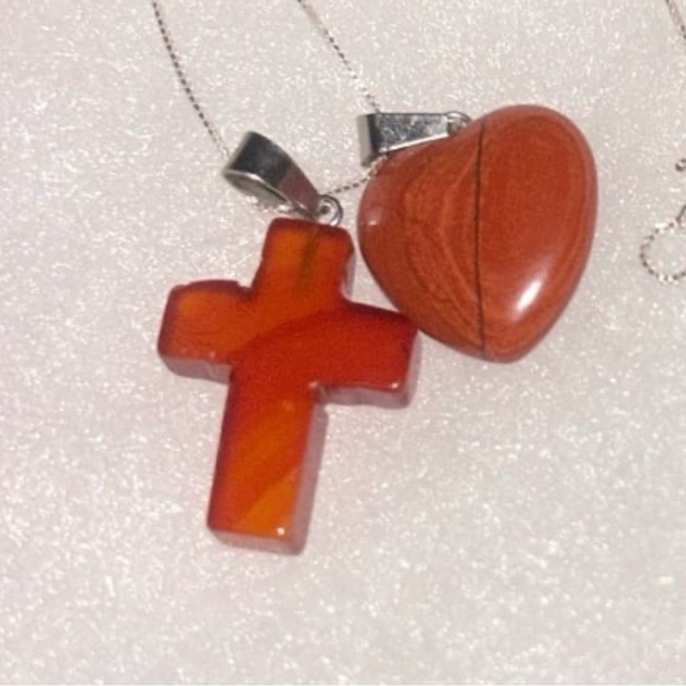 Boho Carnelian Agate Cross and Red Jasper Heart Sterling Silver 16” Neckl…